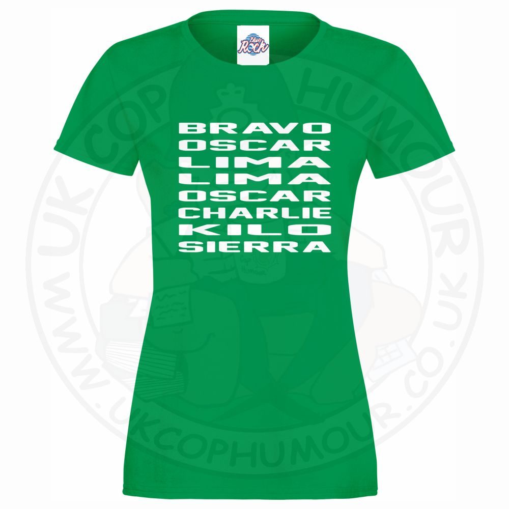 Womens Bravo Oscar Lima Lima Oscar Charlie Kilo Sierra T-Shirt - Image 3