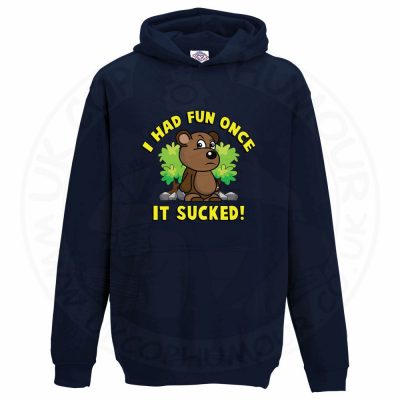 Kids HAD FUN ONCE IT SUCKED Hoodie - Navy, 12-13 Years